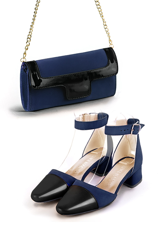 Gloss black and navy blue women's open side shoes, with a strap around the ankle. Round toe. Low flare heels. Top view - Florence KOOIJMAN